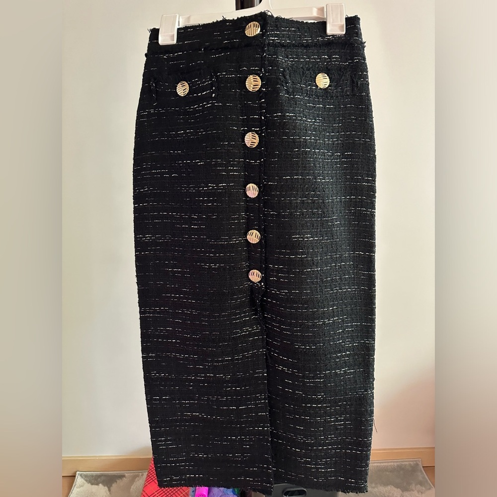 Zara Medium Midi Tweed Skirt with Gold Buttons and Pockets, Slit in Front